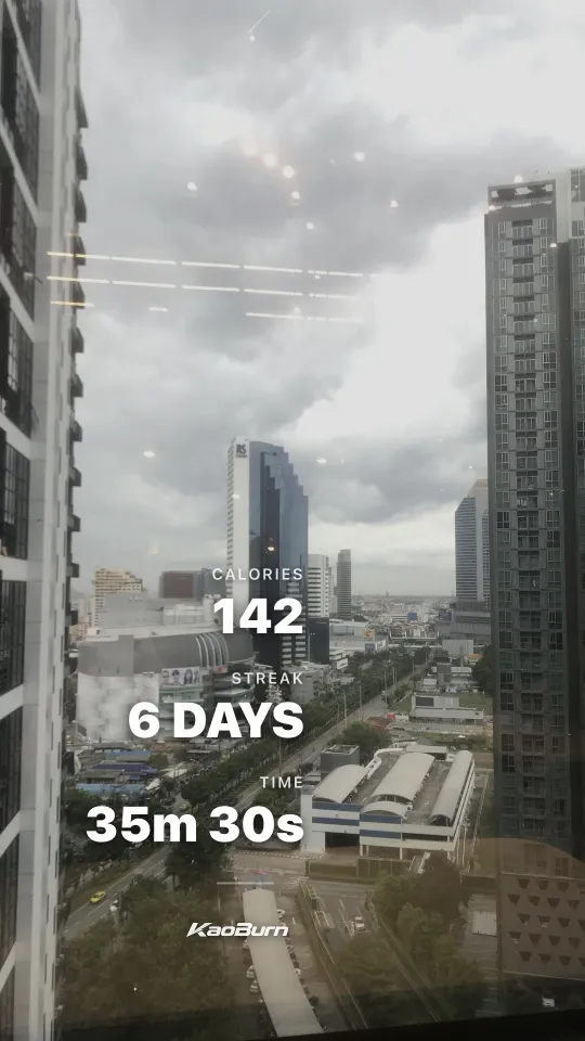 การ์ดแชร์รายวันแบบภาพเต็มจอ วิวตึกในเมือง เผาผลาญ 142 แคลอรี่ ติดต่อกัน 6 วัน เวลา 35 นาที 30 วินาที