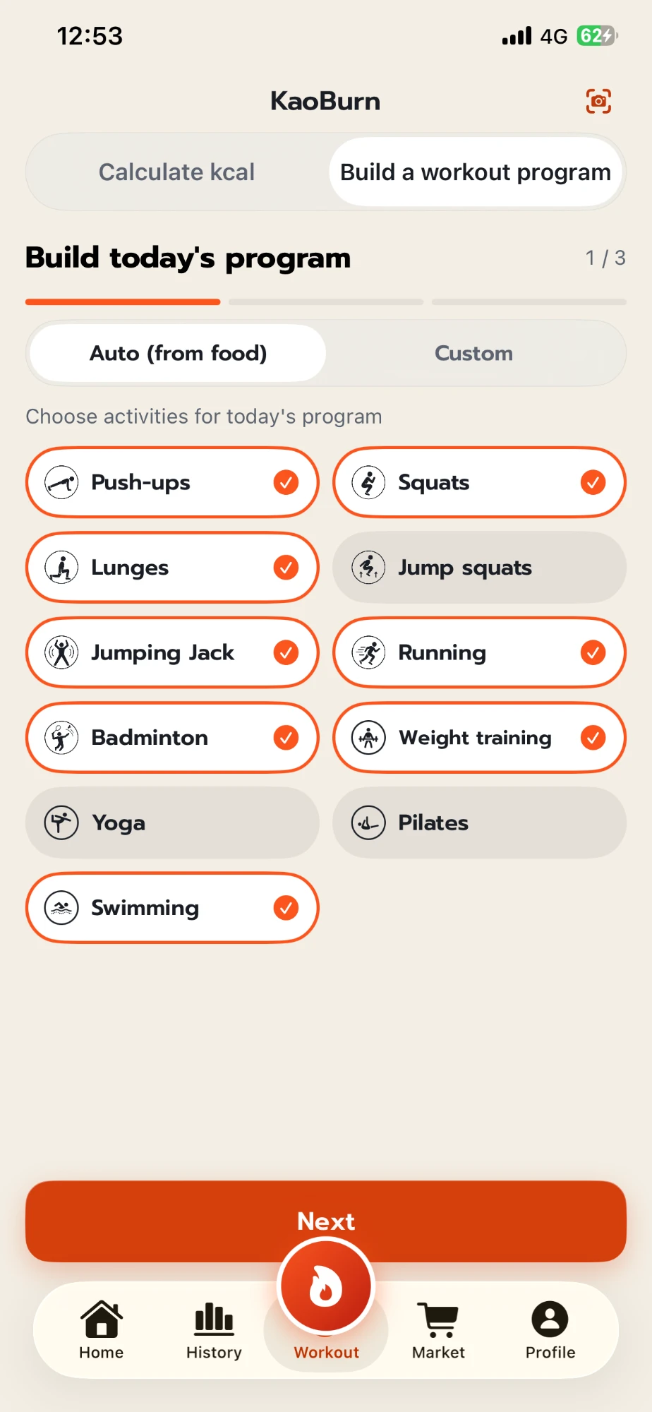 หน้าสร้างโปรแกรมวันนี้ของแอป KaoBurn (UI ภาษาอังกฤษ) ขั้นที่ 1 จาก 3 โหมด Auto (จากอาหาร) เลือกกิจกรรม วิดพื้น สควอท ลันจ์ กระโดดตบ วิ่ง แบดมินตัน เวทเทรนนิ่ง และว่ายน้ำ